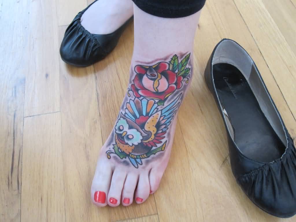 Traditional Snake With Owl Tattoo On Foot