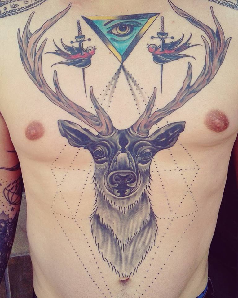 Triangle And Deer Head Tattoo On Chest by Kyle Kemp