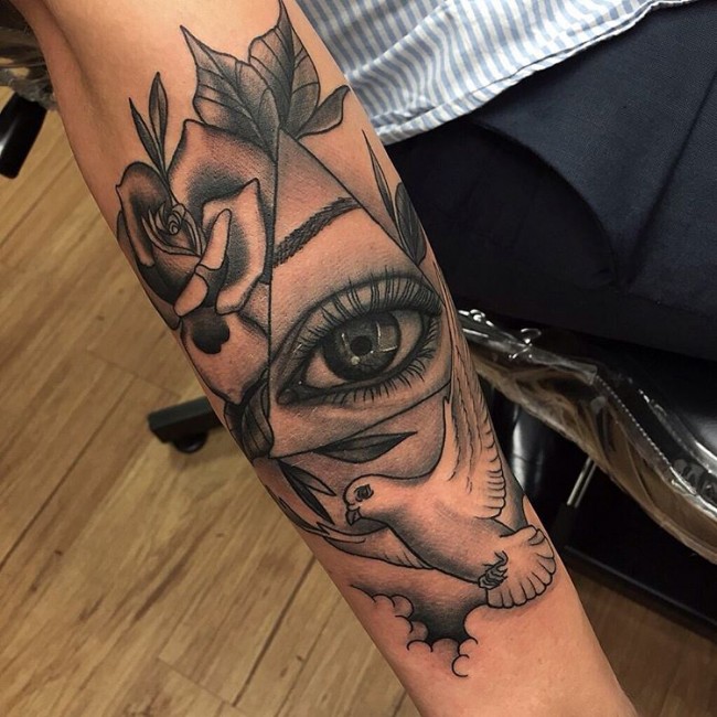Triangle Eye And Dove Tattoo On Right Arm