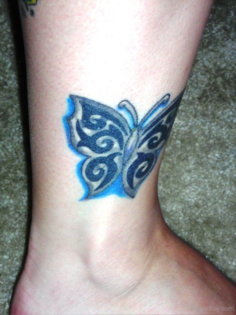 Tribal Color Butterfly Tattoo On Ankle