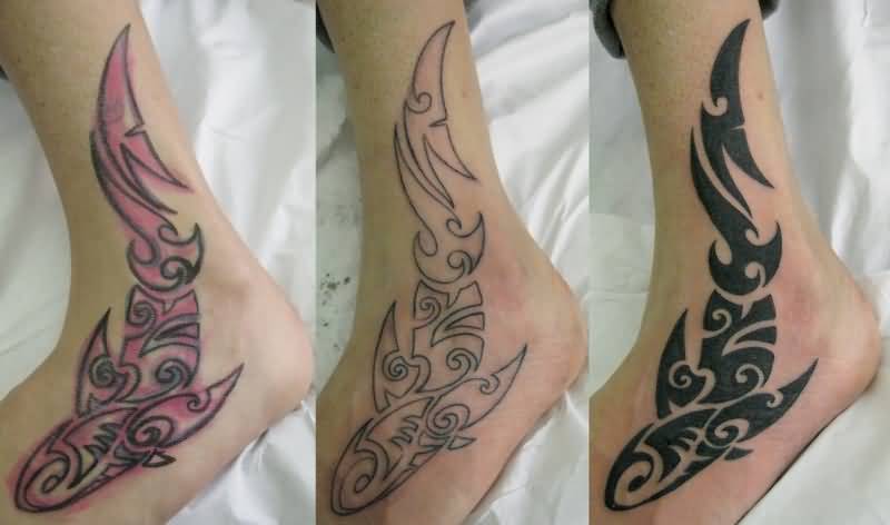 Tribal Fish Foot Tattoo In Different Stages