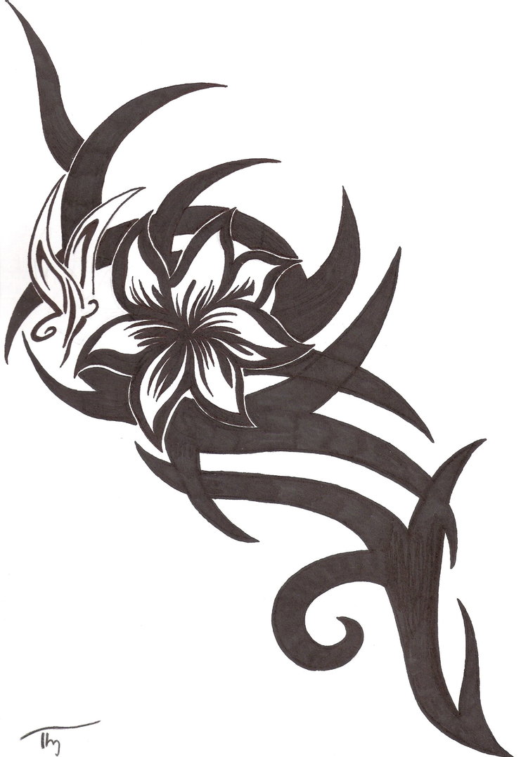 Tribal Flower And Butterfly Tattoo Design