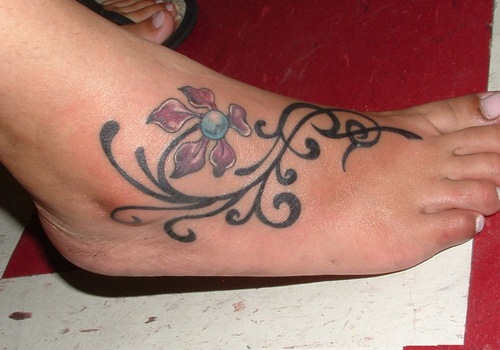 Tribal Flower Tattoo On Foot