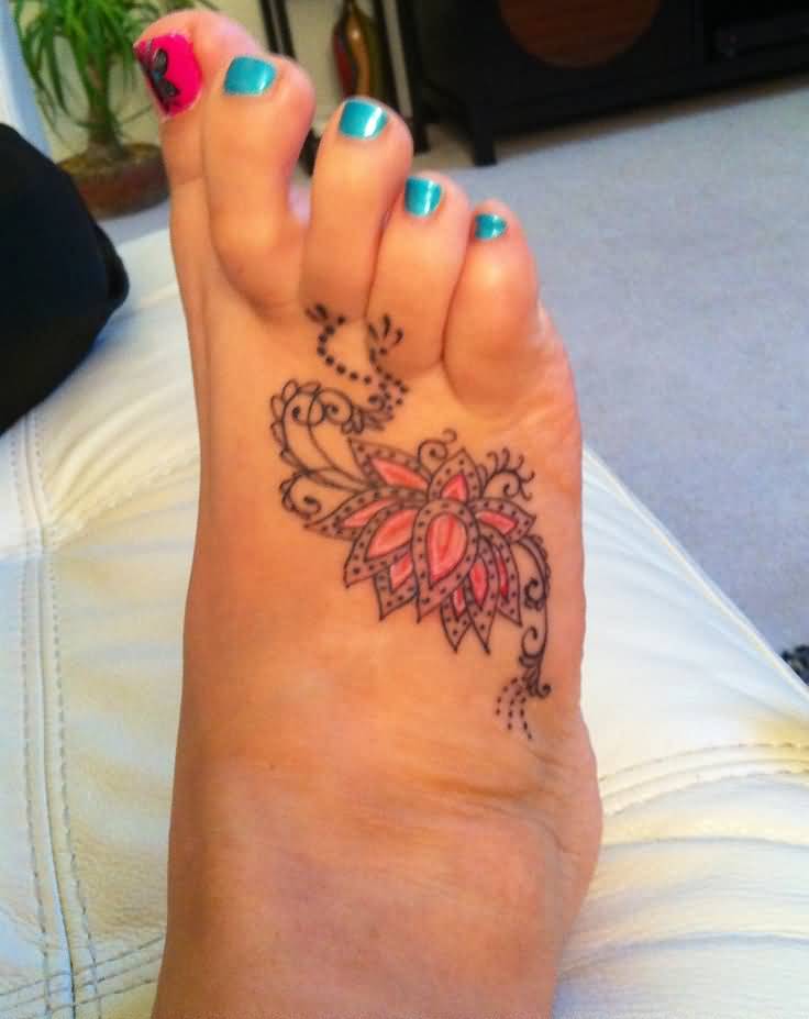 Tribal Lotus Flower Tattoo On Foot For Girls