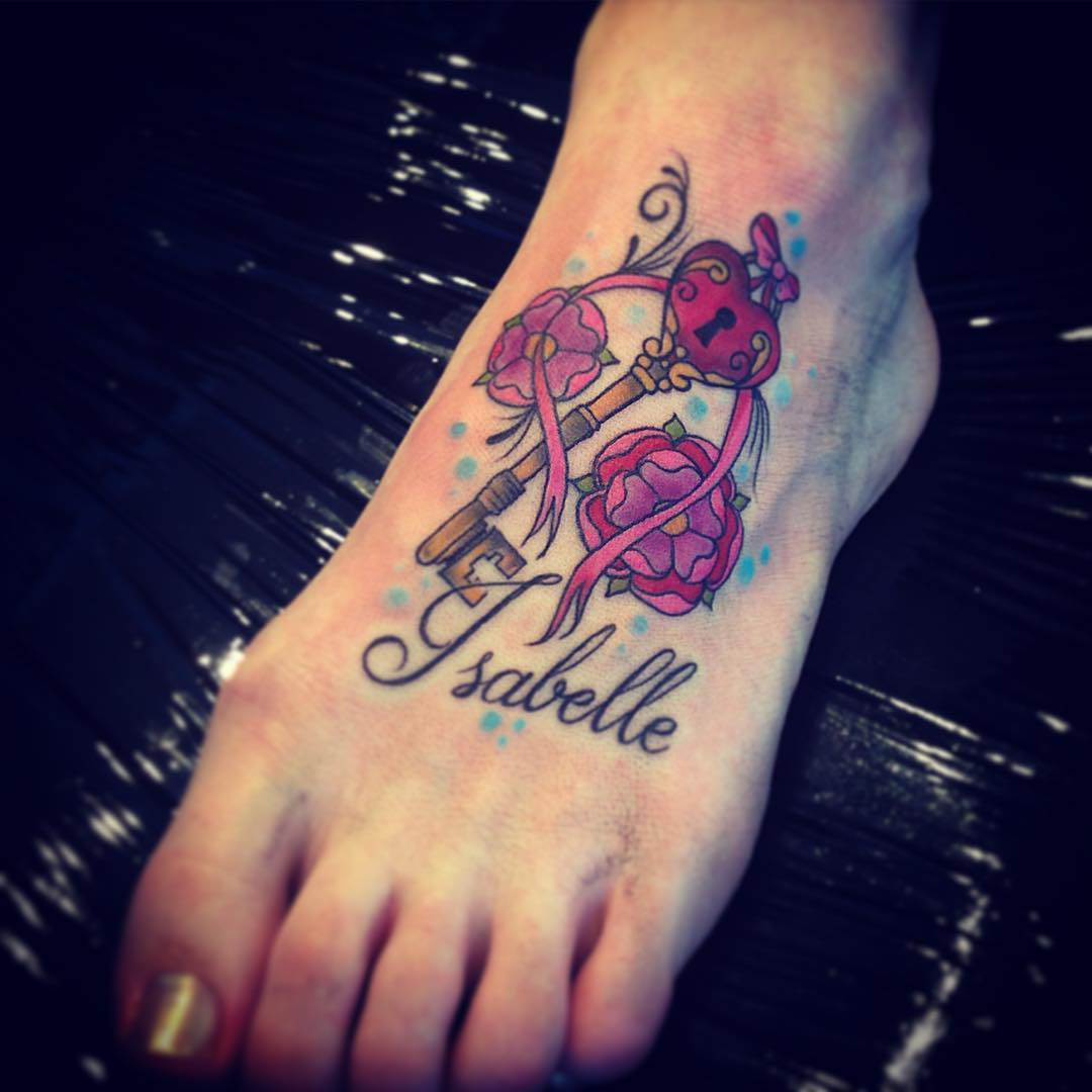 Tudor Rose And Key Foot Tattoo
