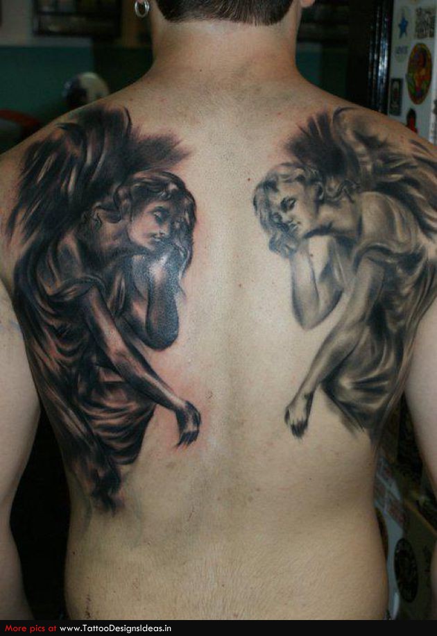 Twin Angels Tattoo On Full Back For Men