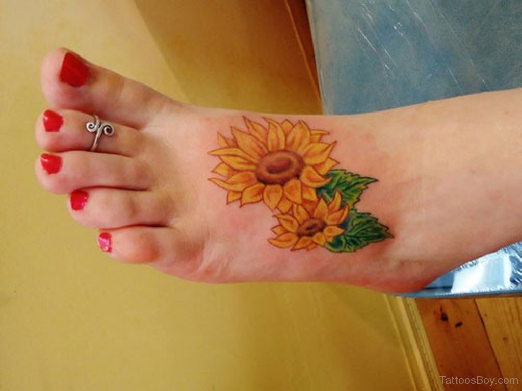 Twin Sunflowers Tattoo On Foot For Girls