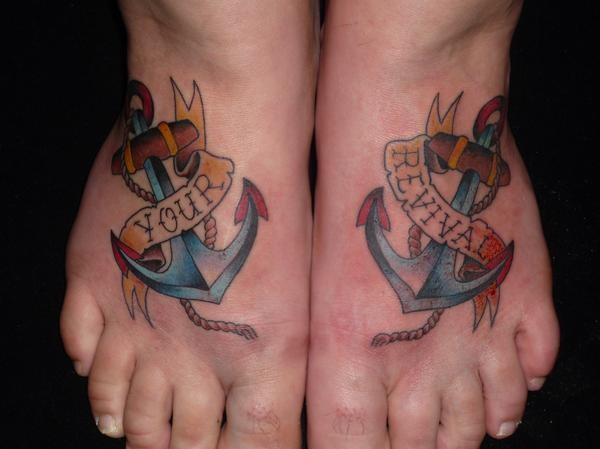 Twin Your Revival Anchors Traditional Tattoos On Both Feet