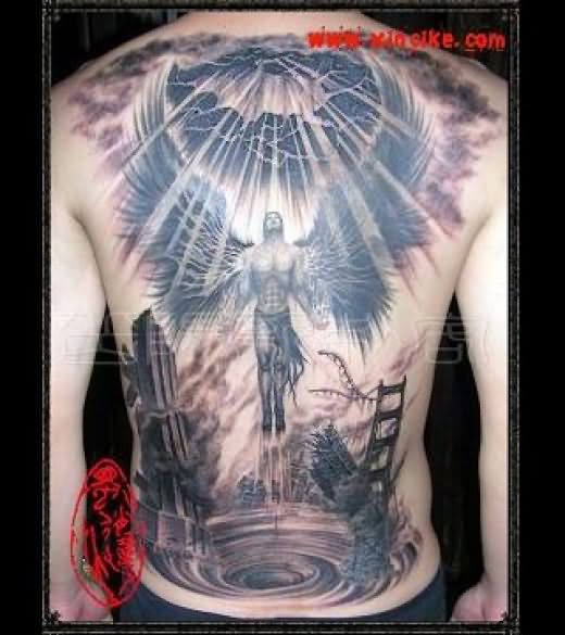 Unique Angel Tattoo On Full Back For Men