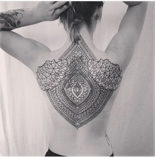 Unique Big Cool Mandala Tattoo On Upper Back For Girls