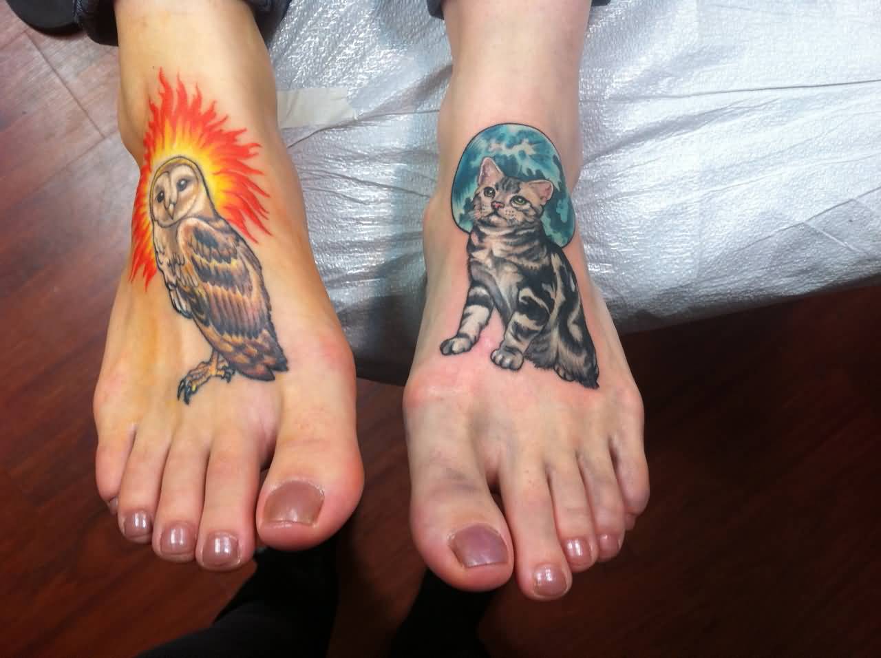 Unique Owl And Cat Tattoos On Feet