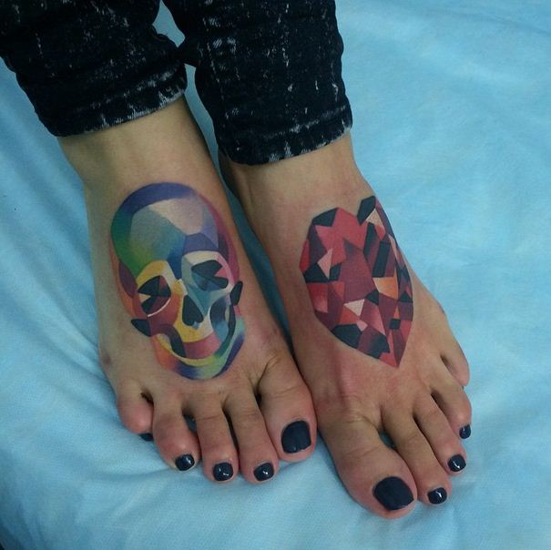 Unique Skull And Heart Both Feet Tattoos For Girls