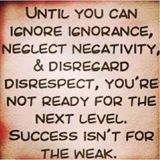 Until you can ignore ignorance, neglect negativity, and disregard disrespect, you're not ready for the next level. Success isn't for the weak.
