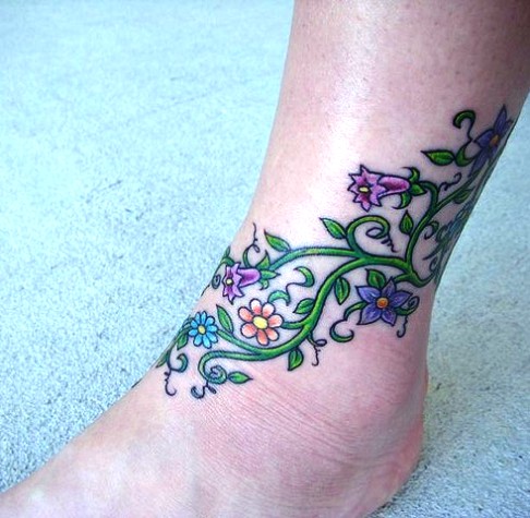 Vine And Daisy Flowers Ankle Tattoo