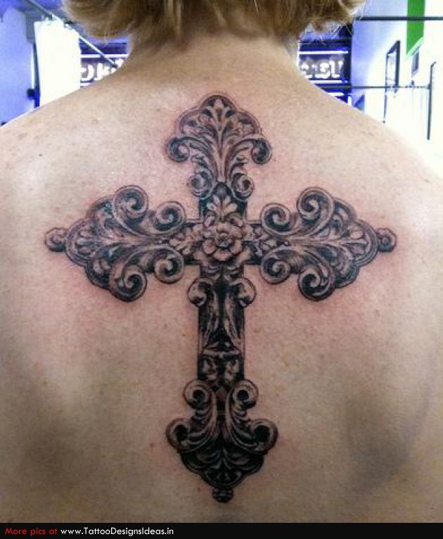 Vintage Cross Christian Tattoo On Upper Back