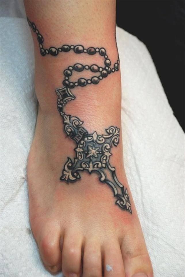 Vintage Rosary Tattoo On Foot