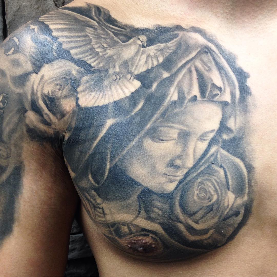 Virgin Mary Head And Flying Dove Tattoo On Chest For Men