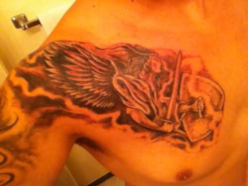 Warrior Angel Tattoo On Man Shoulder And Chest