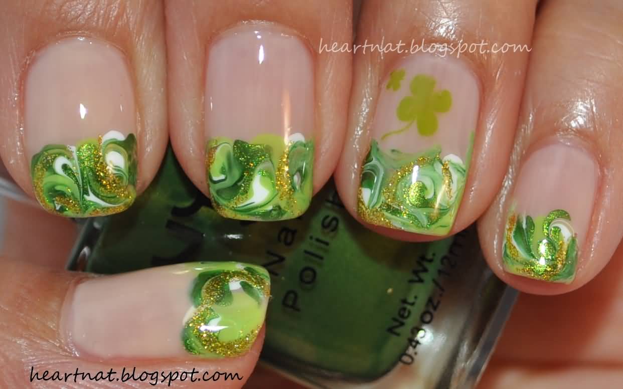Water Marble French Tip Saint Patrick's Day Nail Art