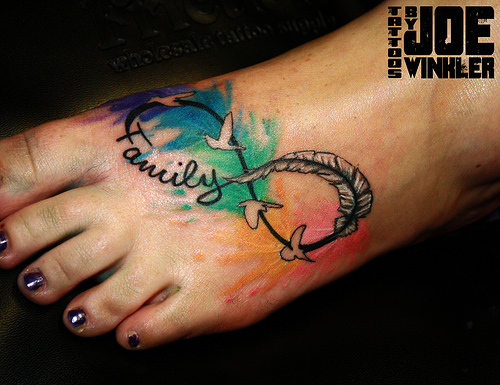 Watercolor Family Birds Infinity Feather Tattoo On Foot