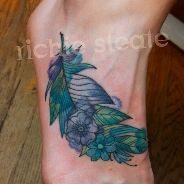 Watercolor Feather Flower Tattoo On Foot