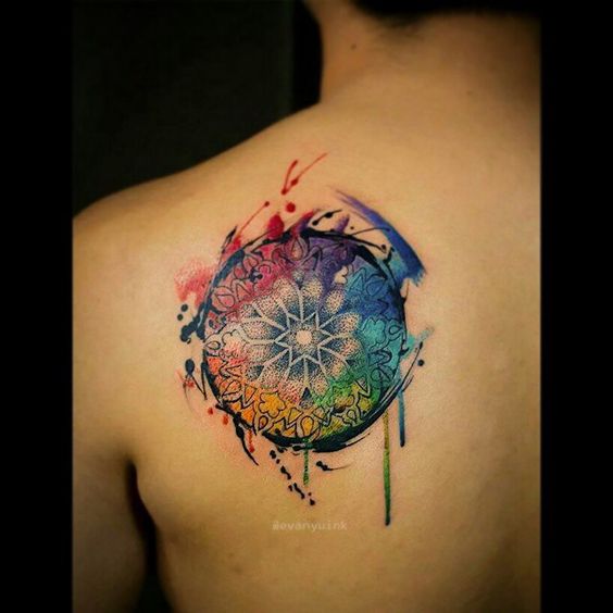 Watercolor Mandala Flower Tattoo On Back Shoulder