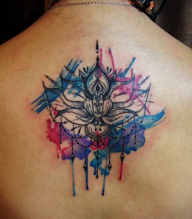 Watercolor Mandala Lotus Tattoo On Upper Back