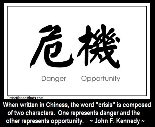 When written in Chinese, the word 'crisis' is composed of two characters. One represents danger and the other represents opportunity. John F. Kennedy