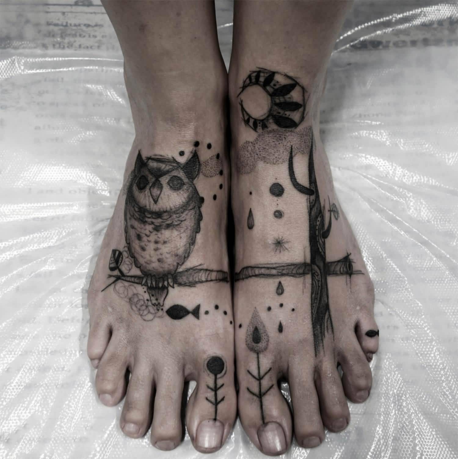 Whimsical Owl Tattoo On Feet By Chisato Chavo