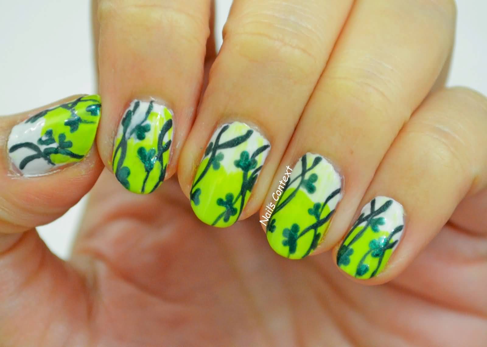 White And Lime Green Nails With Shamrock Leaves Saint Patrick's Day Nail Art