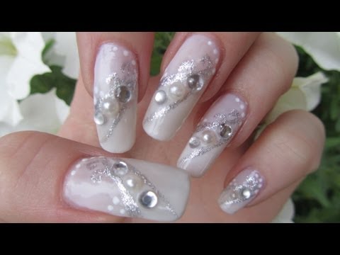 White And Silver Glitter Diagonal Bridal Design With Pearls Nail Art With  Tutorial Video