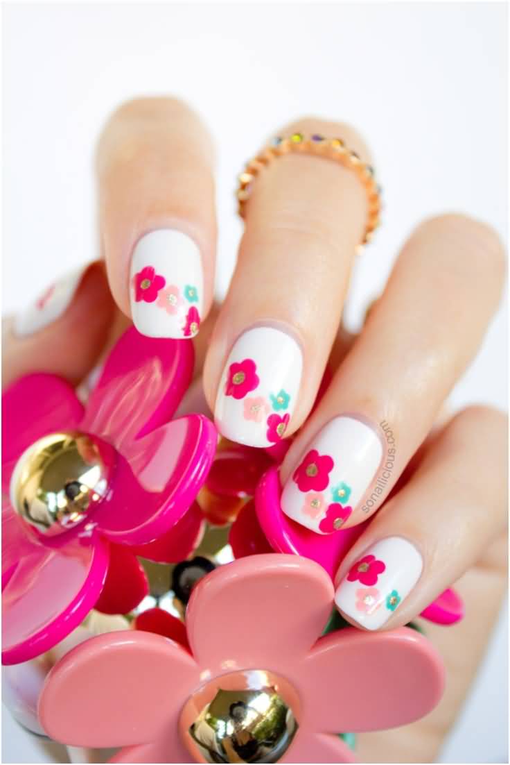 White Base Nails And Spring Flower Nail Art