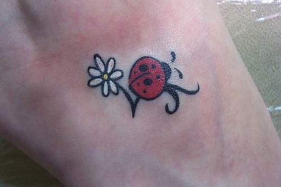 White Daisy Flower And Bug Tattoo On Foot