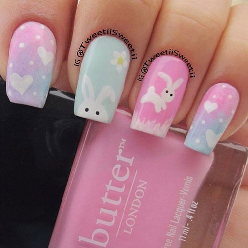 White Easter Bunnies And Heart Nail Art