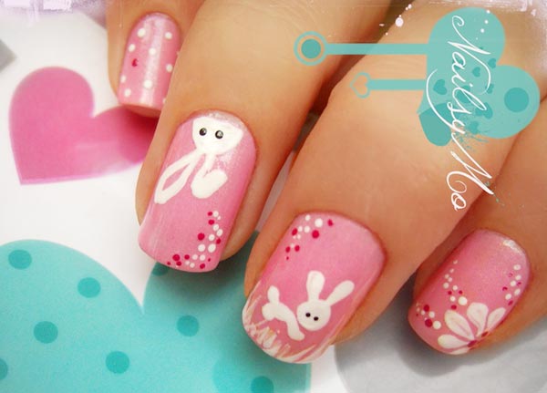 White Easter Bunnies On Pink Nails