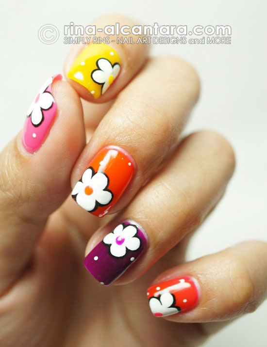 White Flowers On Multicolored Nails Spring Nail Art