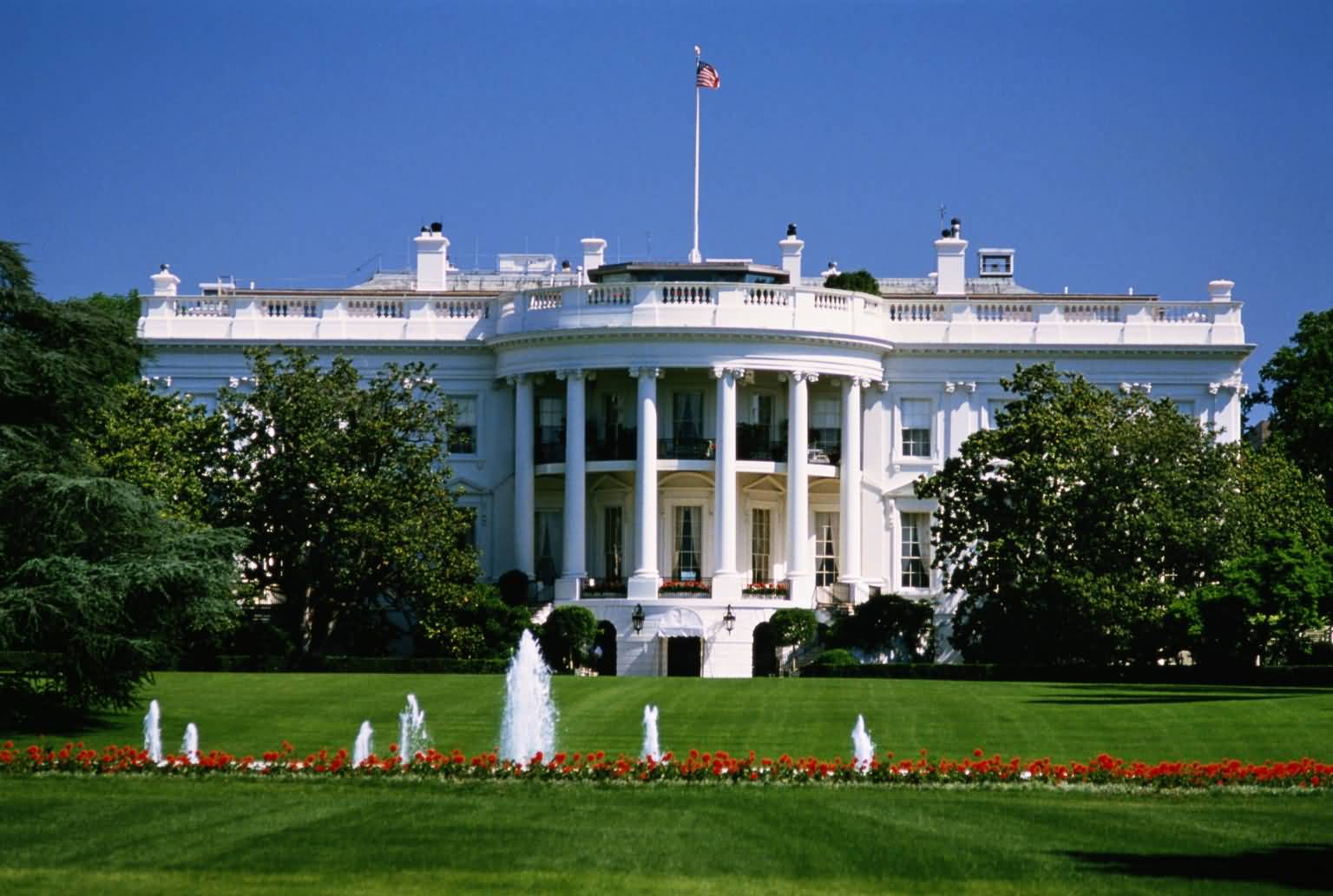 White House View With Garden And Fountains In Foreground