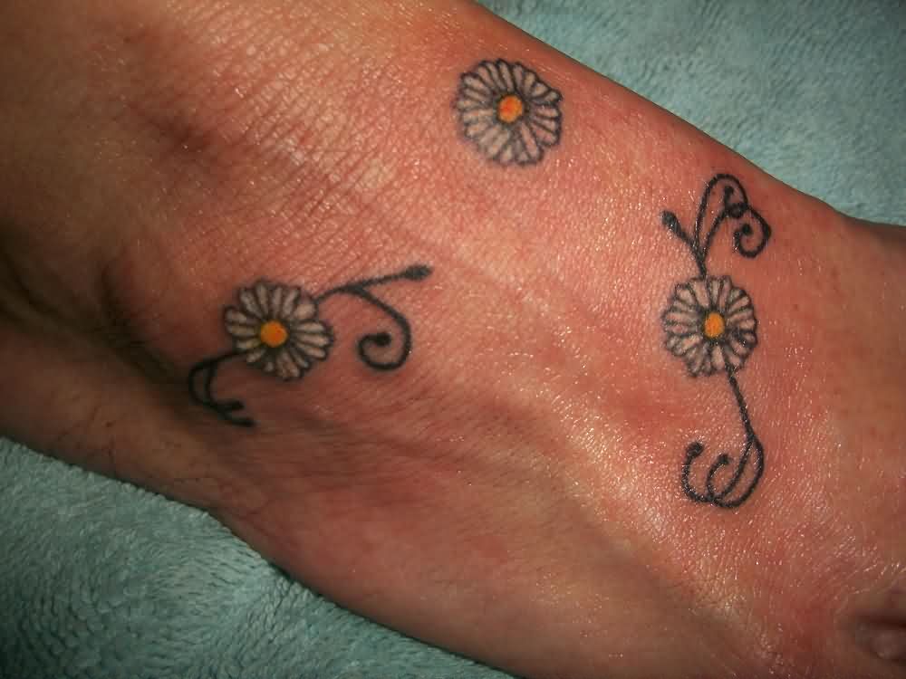 White Ink Daisy Flower Tattoos On Right Foot