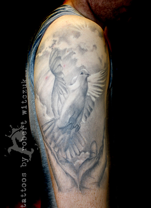 White Ink Dove Tattoo On Man Right Half Sleeve