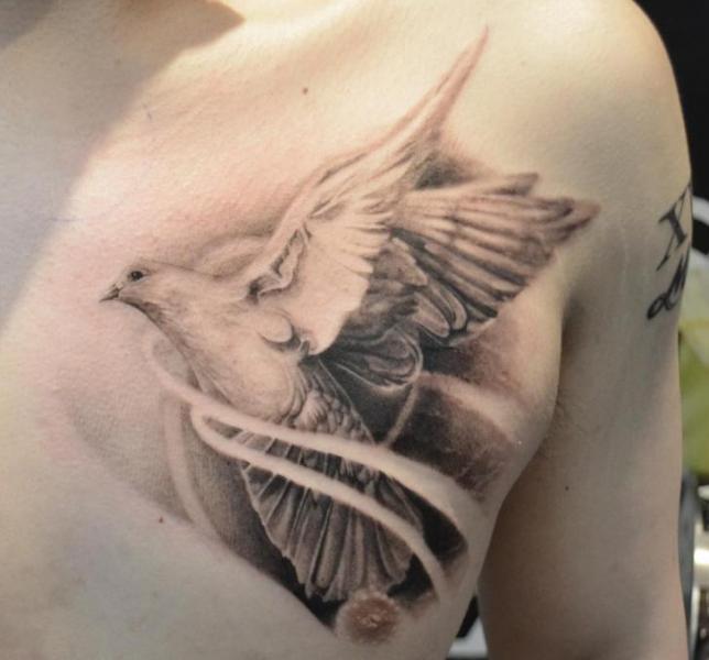 White Ink Flying Realistic Dove Tattoo On Man Chest