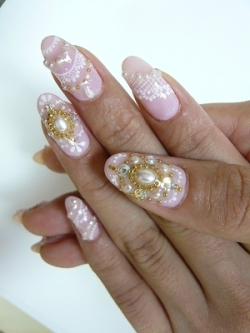 White Lace Design With Gold And White Pearls Nail Art