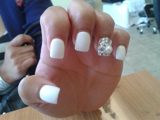 White Matte Nails With Accent Silver And Pearl Design Nail Art