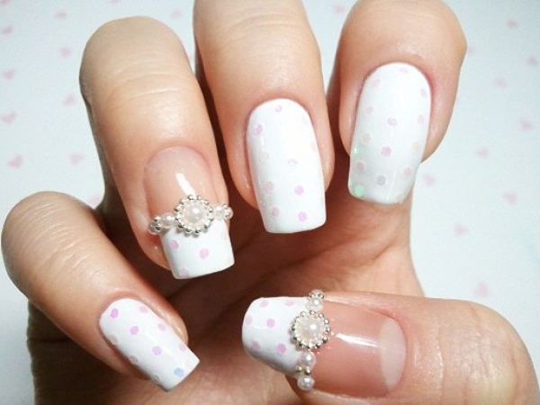 White Nails With Pearls Ring Nail Art