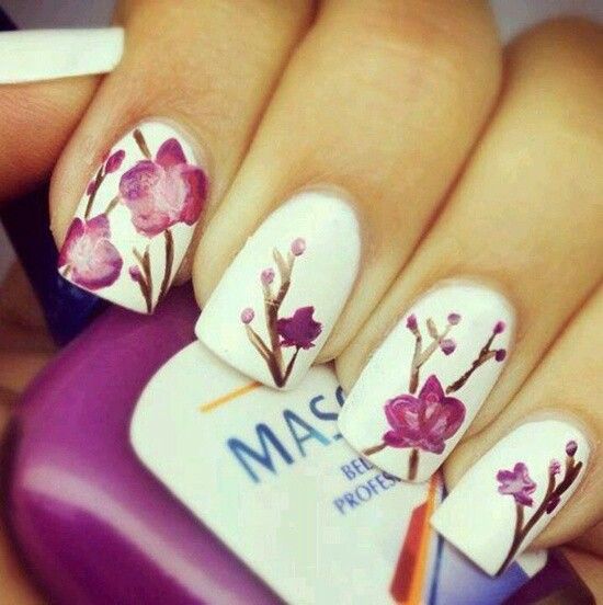 White Nails With Purple Spring Flowers Nail Art