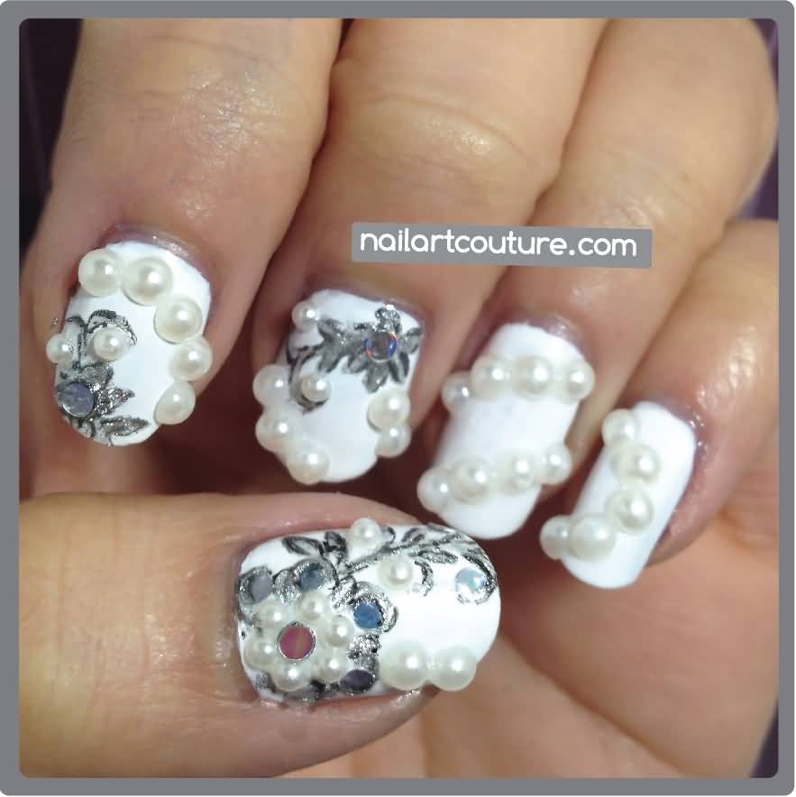 White Pearls Design Nail Art