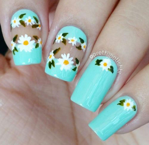 White Spring Flowers Negative Space Nail Art