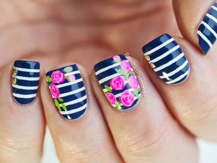 White Stripes And Pink Spring Flowers Nail Art