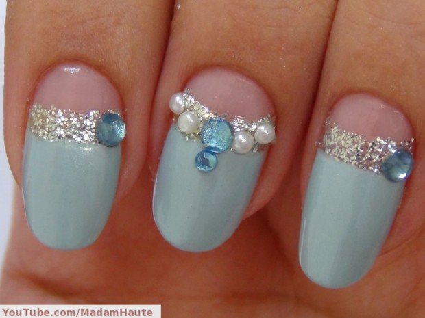 White Tip Nails With Pearls And Studs Nail Art