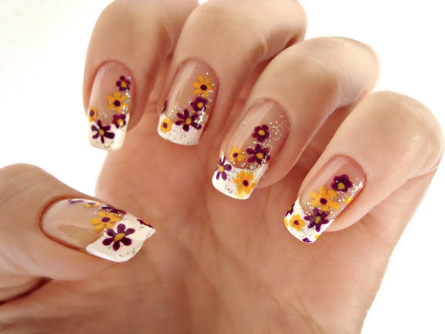 White Tip With Spring Flowers Nail Art