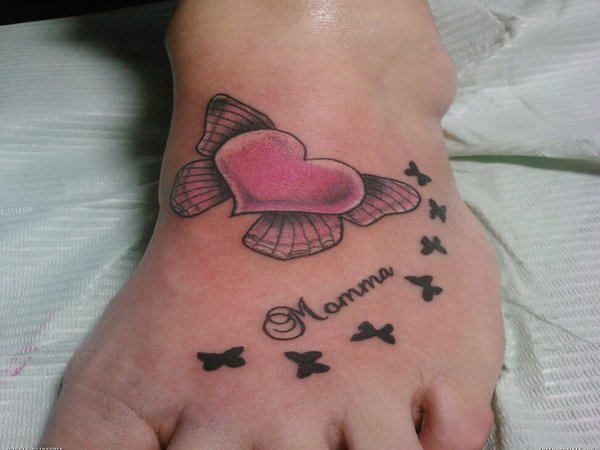 Winged Heart With Black Butterflies Memorial Foot Tattoo For Mom